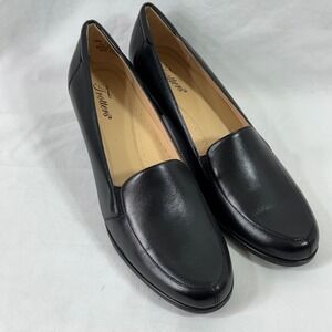 Trotters Gloria Black Leather Block Heel Loafer Pumps Womens 10 M T7520-001
